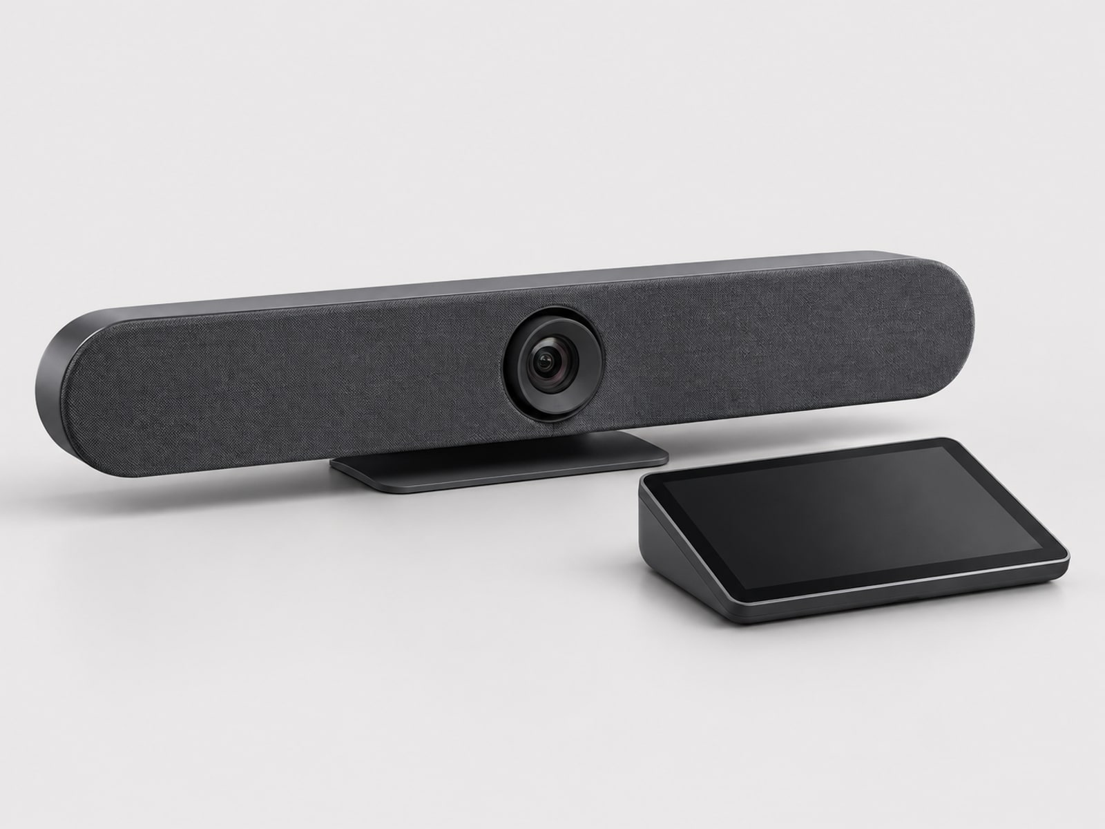 Logitech-style compact conference bar and touch controller