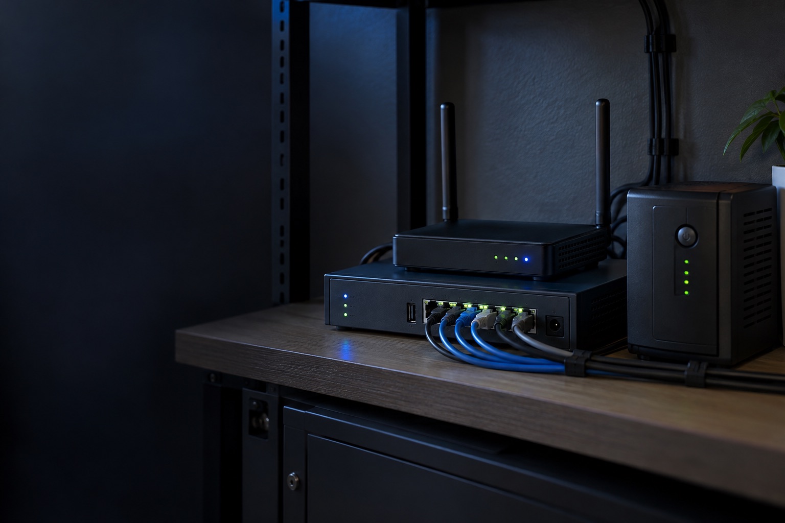 Network backup and monitoring equipment in a business environment.