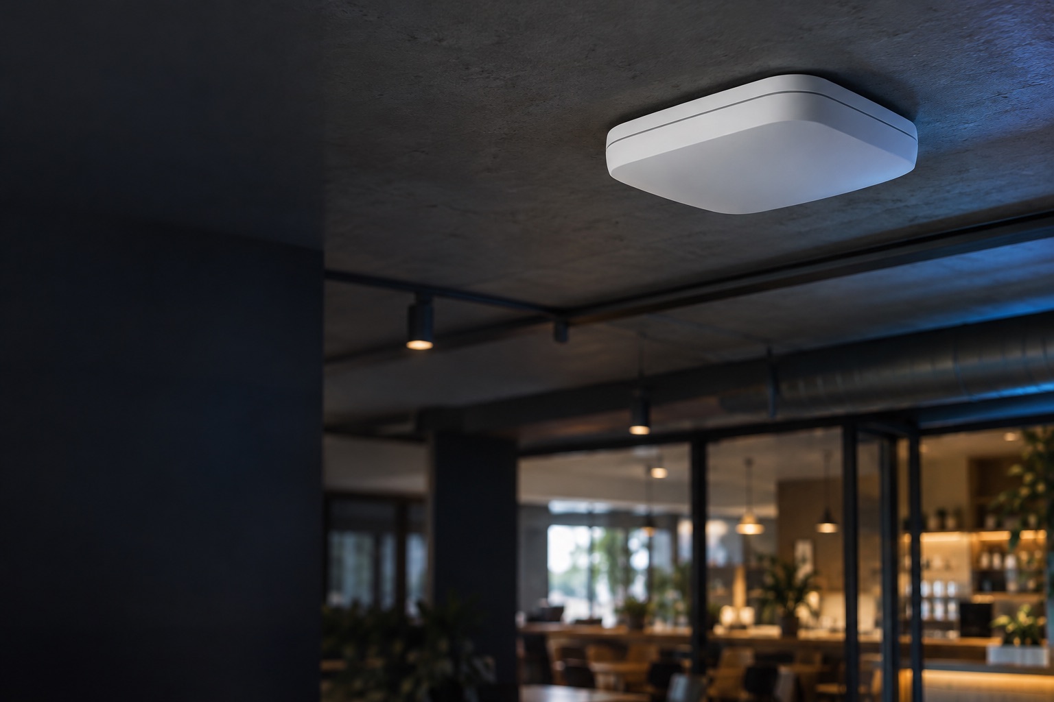 Ceiling-mounted business wireless access point in a finished commercial space.