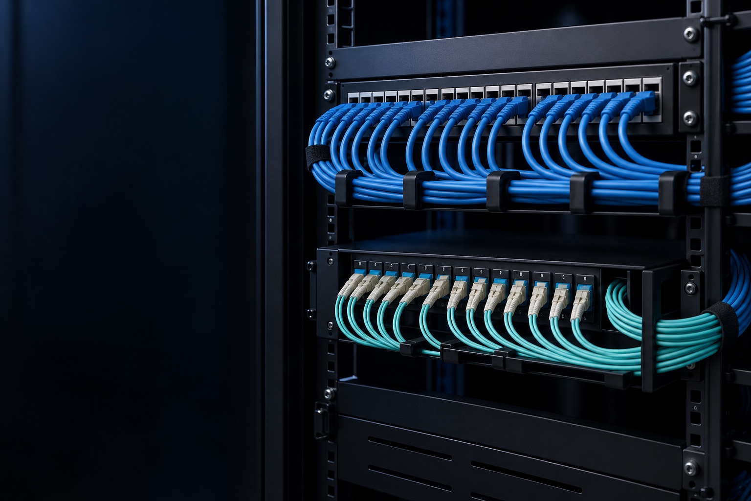 Structured network cabling being installed in a commercial space.