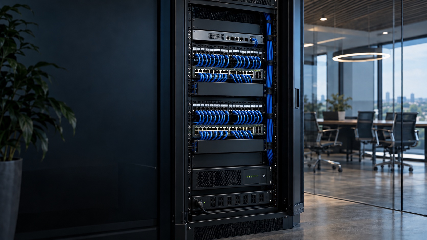 Professionally organized network rack with populated switches, patch panels, cable management, UPS, and power distribution beside a modern business office.