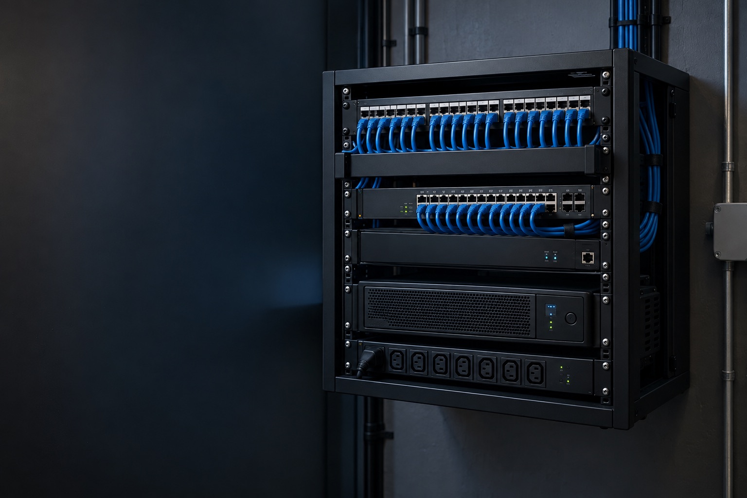 Organized network rack with patching and managed power.