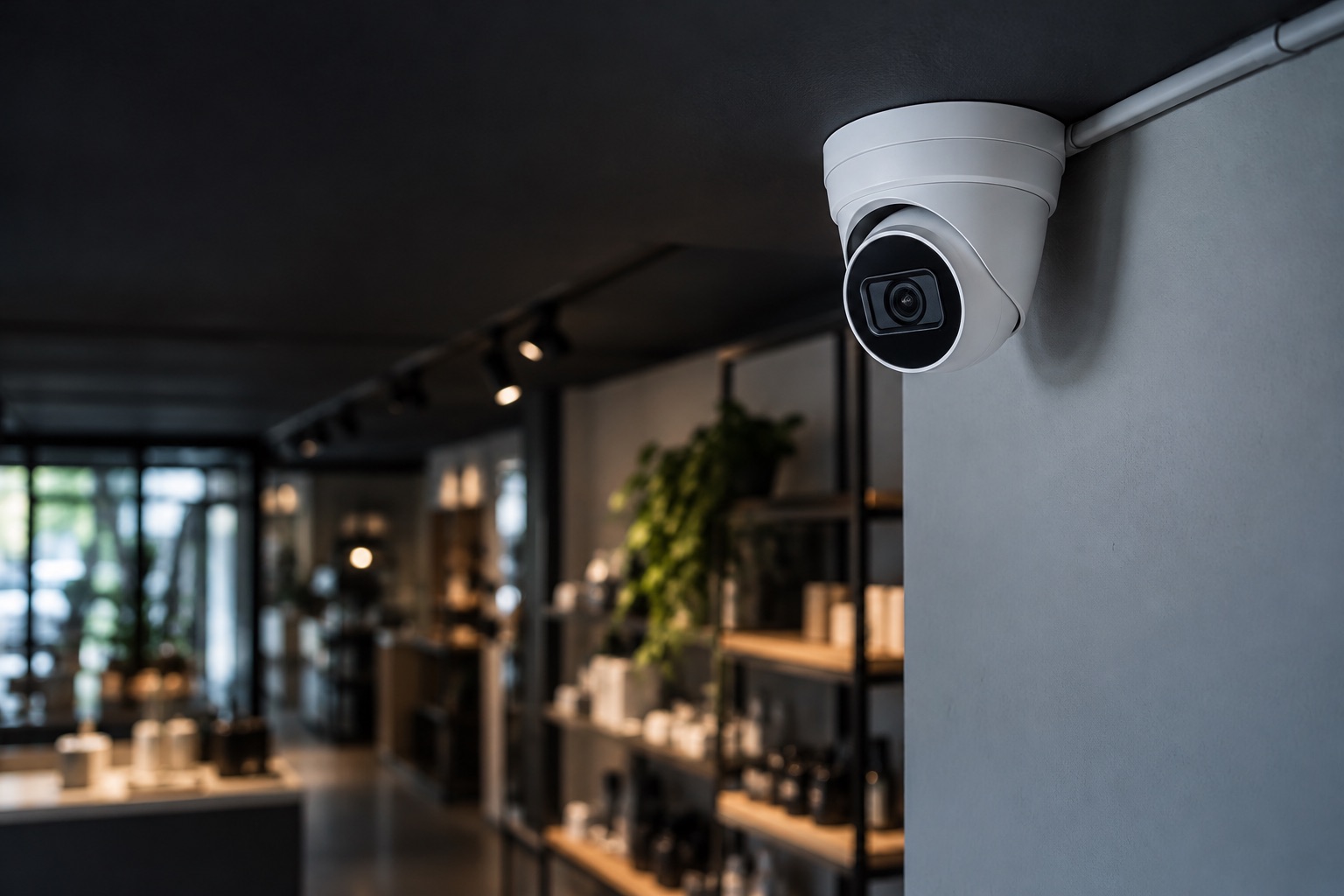 Business security camera mounted in a commercial interior.