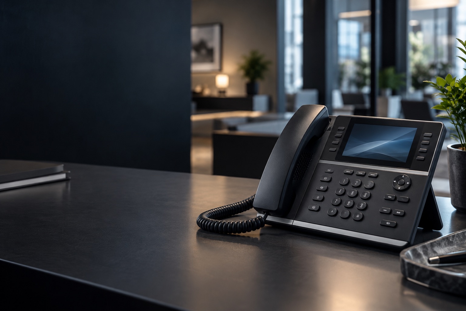 Business desk phone in a modern office.
