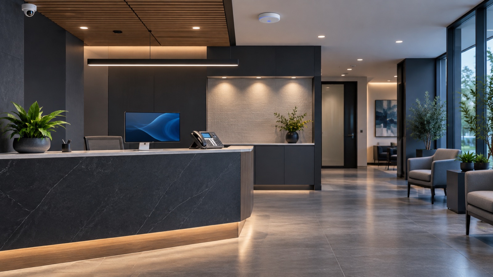 Illustrative unbranded professional office with business network devices.