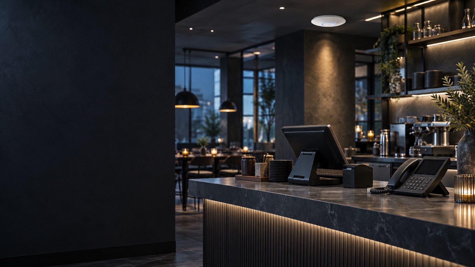 Illustrative unbranded restaurant counter with a point-of-sale terminal, desk phone, and ceiling-mounted wireless access point.