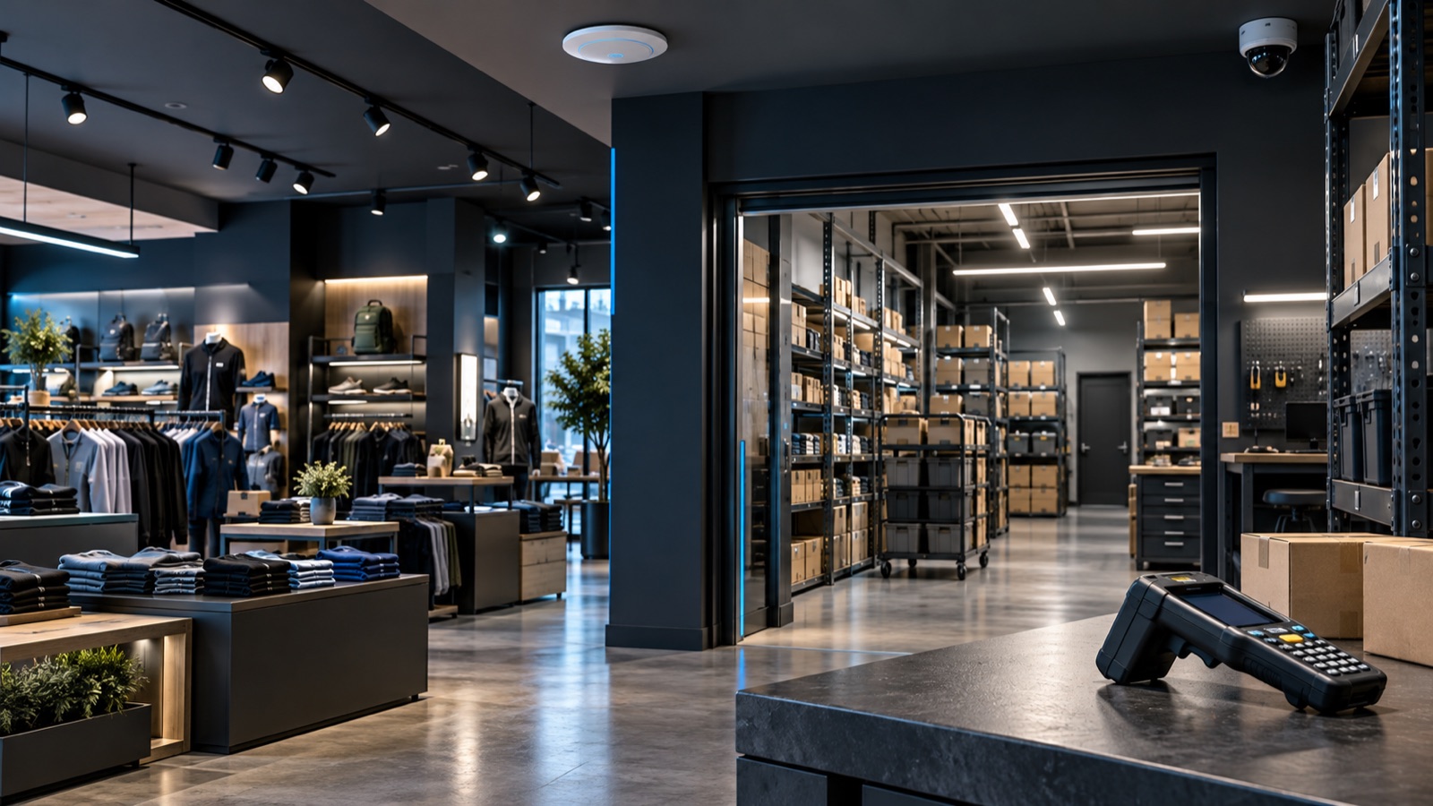 Illustrative unbranded retail floor and stockroom with wireless and camera coverage.
